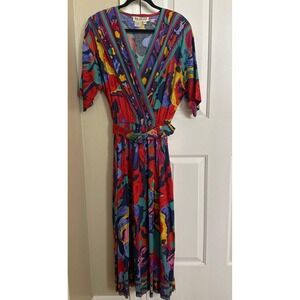 90s Artsy Maximalist Abstract Midi Dress, 100% Rayon, V-Neck Belted Wrap Style 8